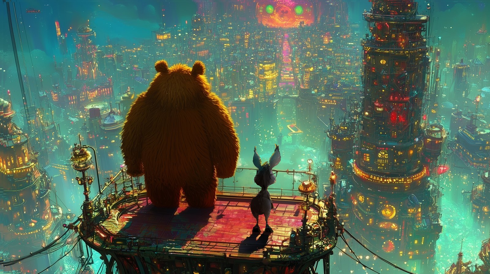 Teddy Bear Diaries: a giant teddy bear and a small donkey stand on a rooftop platform, looking out over a glowing neon city at night